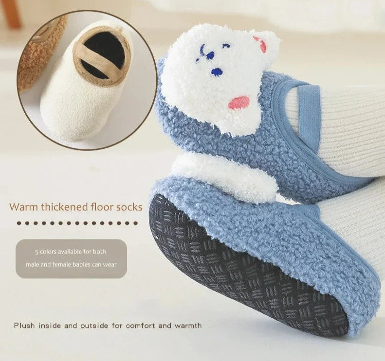 Cartoon Bear Baby Shoes Winter Thick Warm Newborn Shoes Non-slip Soled Soft Plush Toddler Kids Boy Girls Infant First Walkers